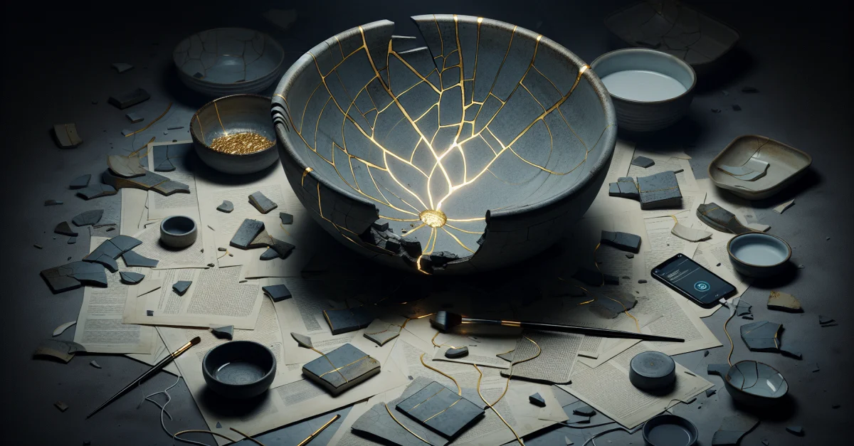 Kintsugi-Technik: Eine zerbrochene Schüssel wird repariert, um die Herausforderungen der KI in der Psychiatrie darzustellen.