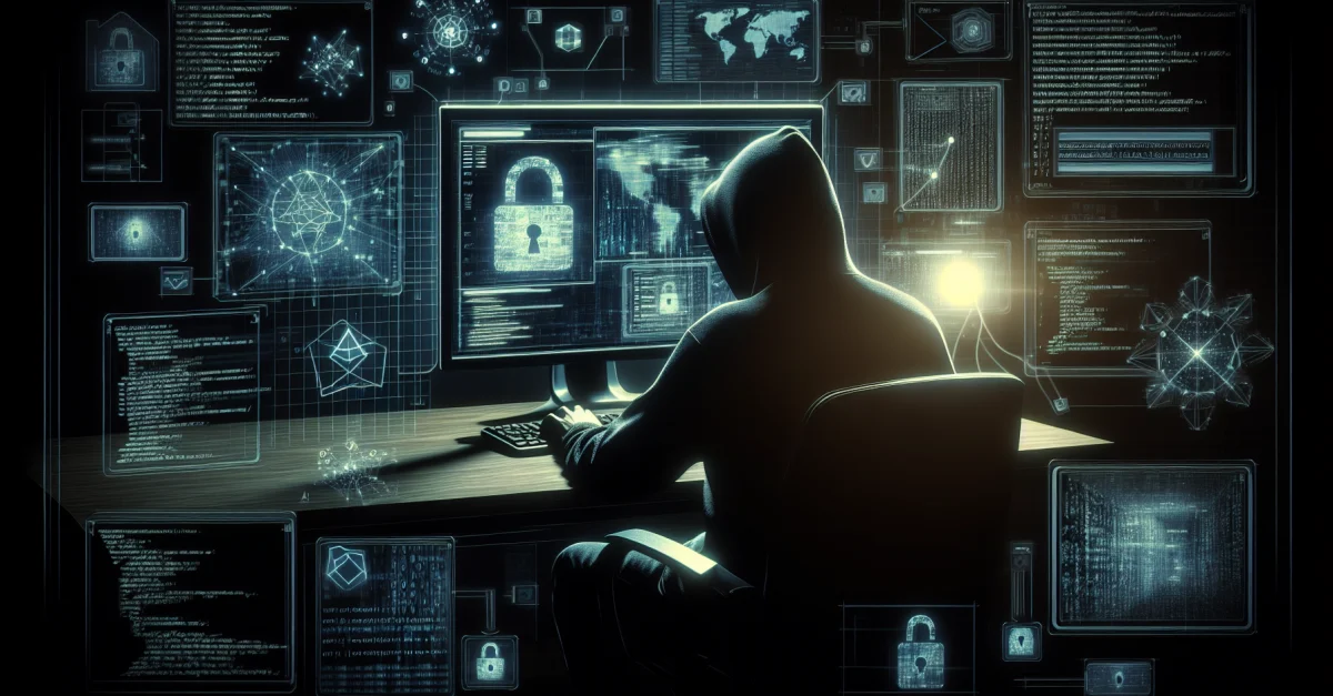 Eine Person sitzt in einem dunklen Raum vor einem Computer, umgeben von digitalen Elementen, die die Gefahren des Dark Webs darstellen.