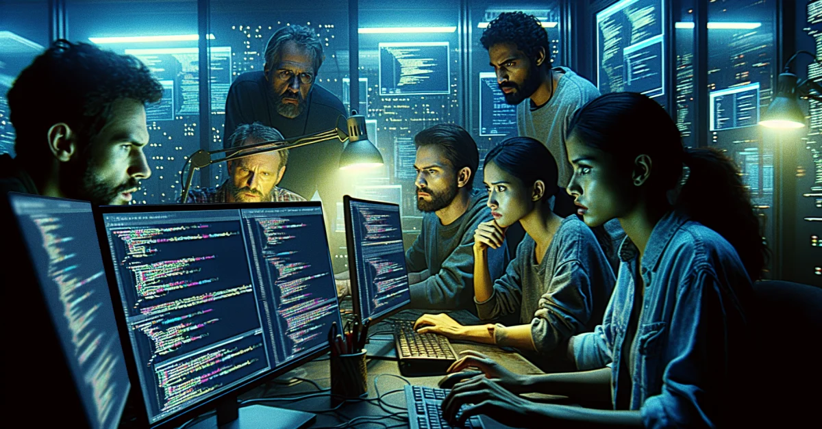 Developers discuss in a dim office the leak of Anthropic's Claude Code and its implications for the competition.