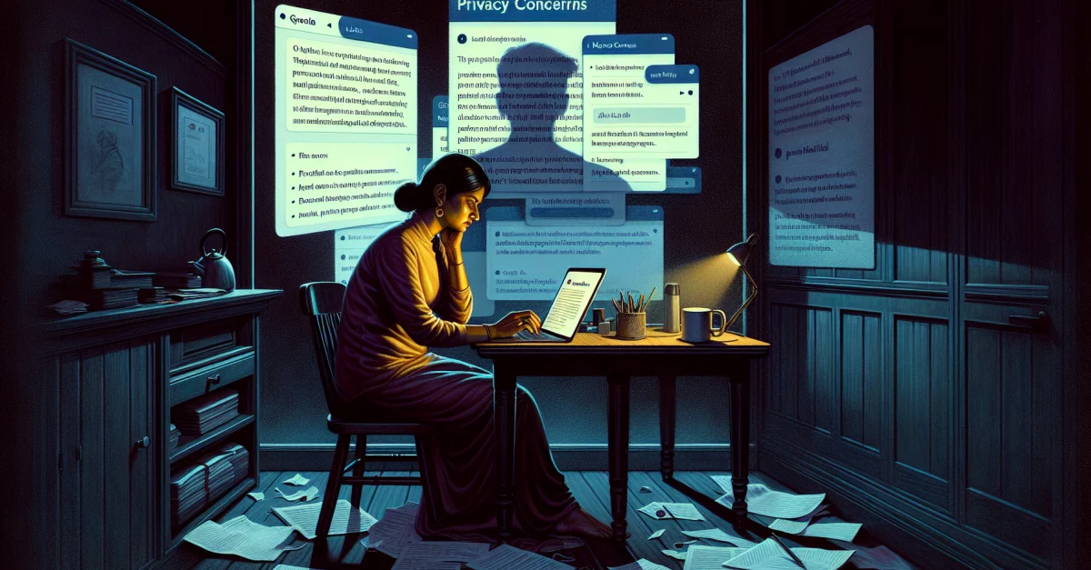 A person looks concerned at the Granola app on their laptop, contemplating data privacy issues. The atmosphere is dim and reflective.