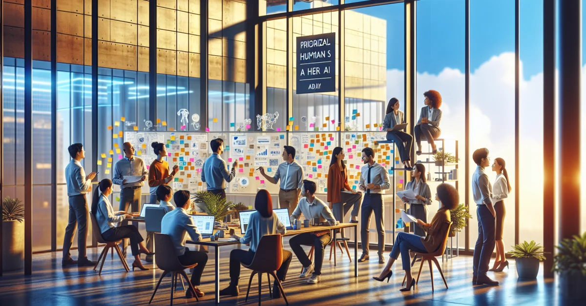 Office scene with employees engaged in a creative brainstorming session. The focus is on human interaction and creativity without AI involvement.