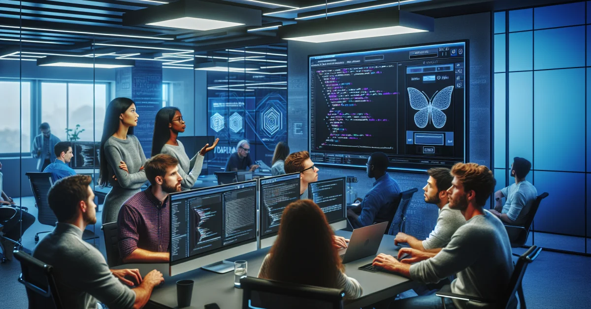 Entwickler arbeiten in einem modernen Büro an der Zhipu AI GLM-5V-Turbo, das Design-Mockups in Front-End-Code umwandelt. Innovatives Umfeld.