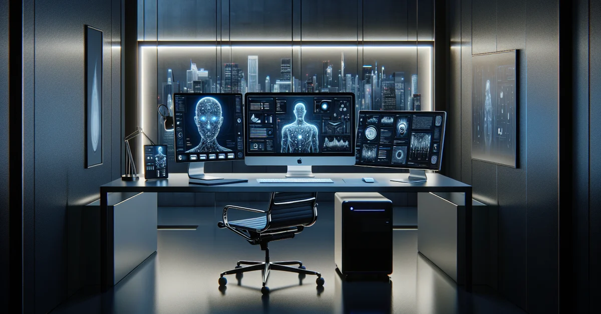 Modern desktop environment featuring a Mac and Windows PC showcasing Anthropic's Claude AI integration. Emphasizes efficiency and innovation in productivity.