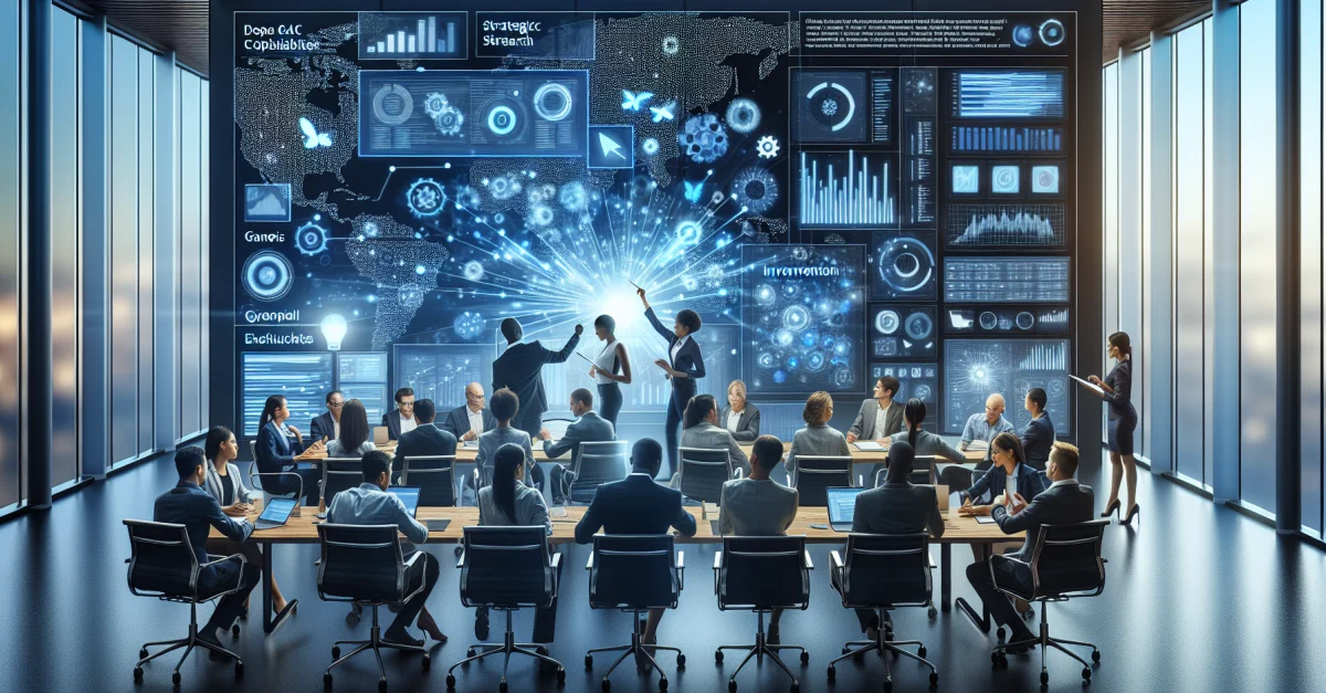 Professionelle in einem modernen Büro nutzen KI-Tools für strategische Forschung. Das Bild zeigt die Effizienz von Sakana AIs 'Ultra Deep Research'.