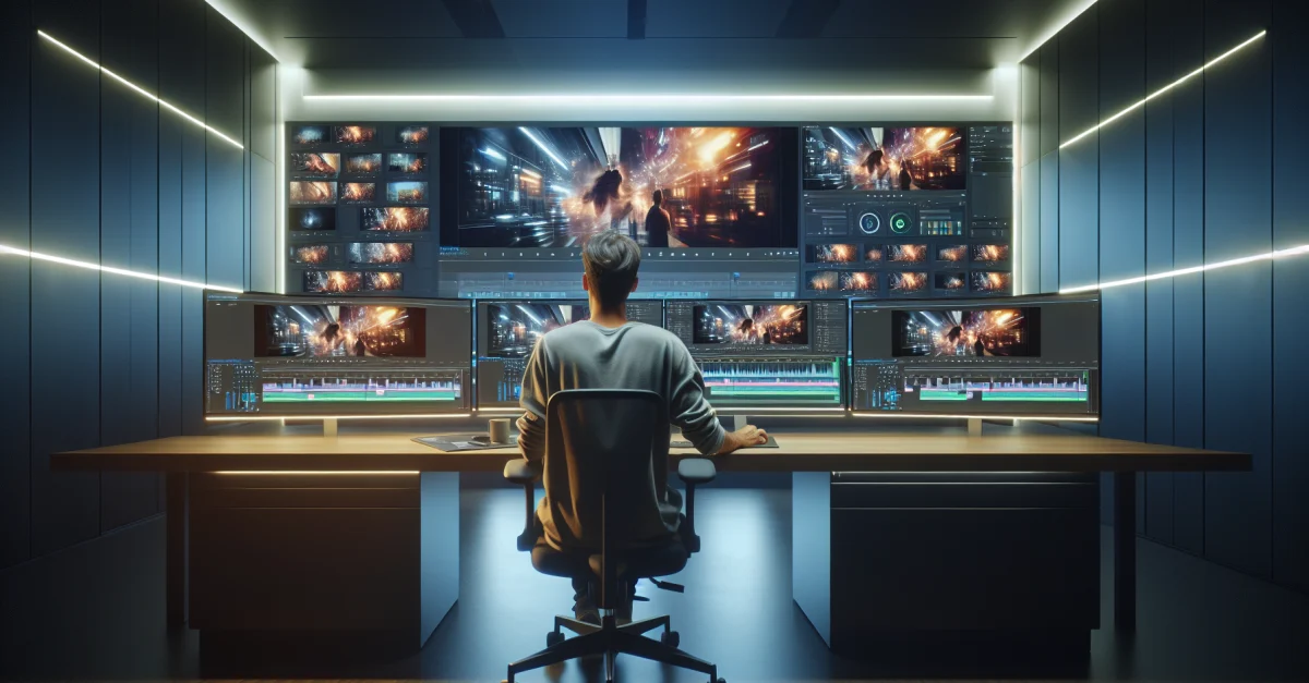A video editor utilizes Netflix's VOID AI framework in a modern editing suite. This technology revolutionizes video editing and production.