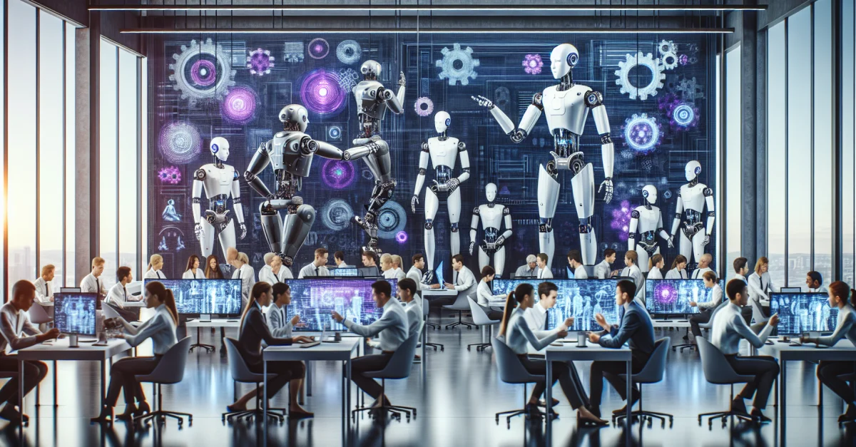 Moderne Robotik-Forschungsumgebung mit humanoiden Robotern und Wissenschaftlern, die an KI-Projekten arbeiten. Symbolisiert Innovation und Zusammenarbeit.