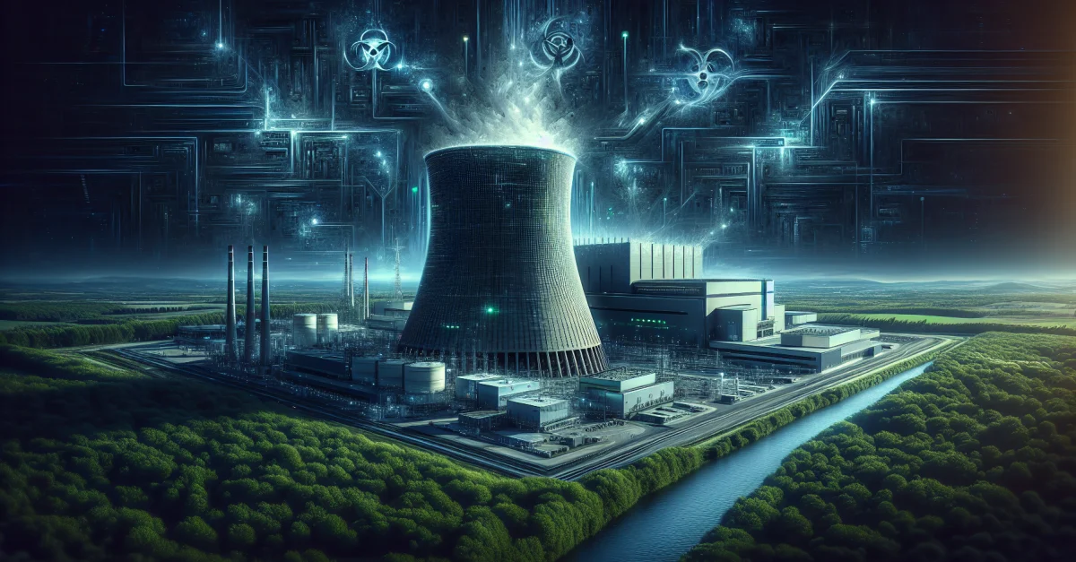 Futuristische Darstellung eines Kernkraftwerks mit KI-Technologie, umgeben von grüner Natur, symbolisiert saubere Energie und Nachhaltigkeit.