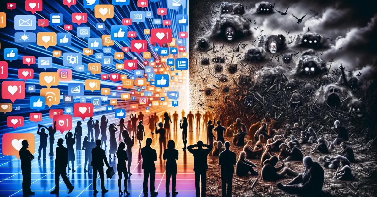 Ein Bild, das die duale Natur von Hasskommentaren als Unterhaltung darstellt, mit einer lebhaften digitalen Landschaft und einem dunklen, chaotischen Szenario.