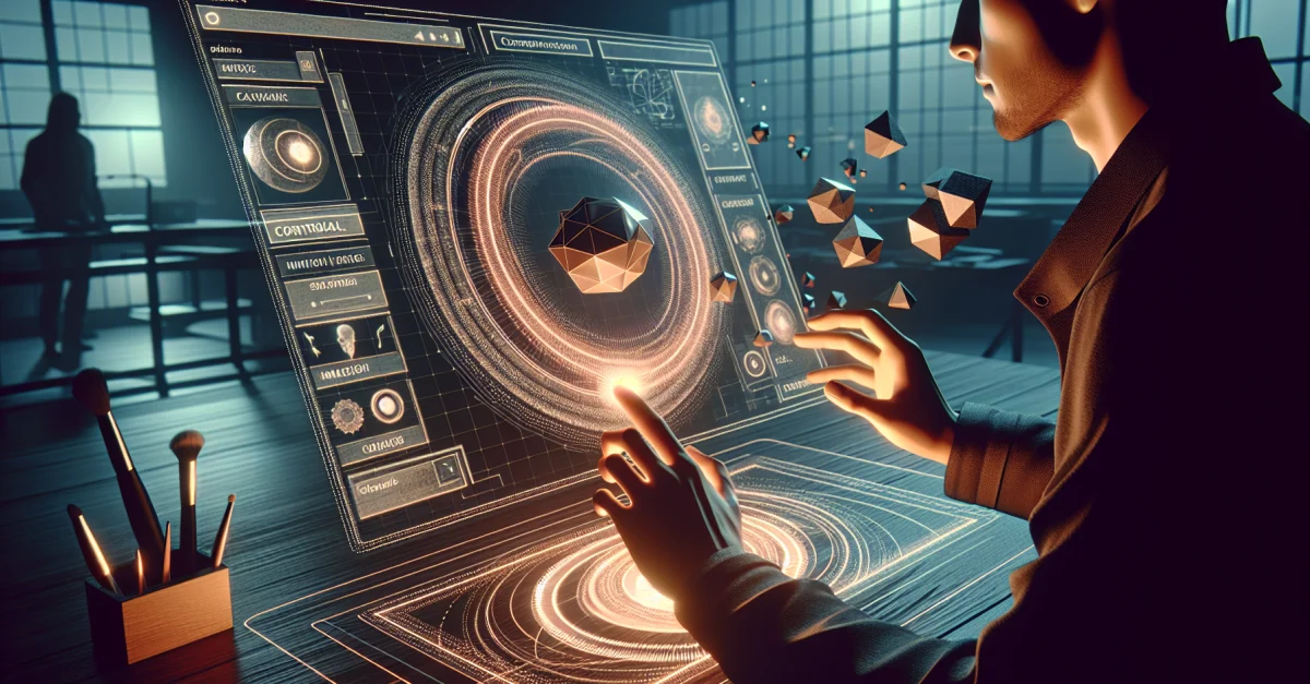 Ein Benutzer interagiert mit einer futuristischen 3D-Modellgenerierungsoberfläche, die die Kontrolle über 3D-Objekte durch Textbefehle zeigt.