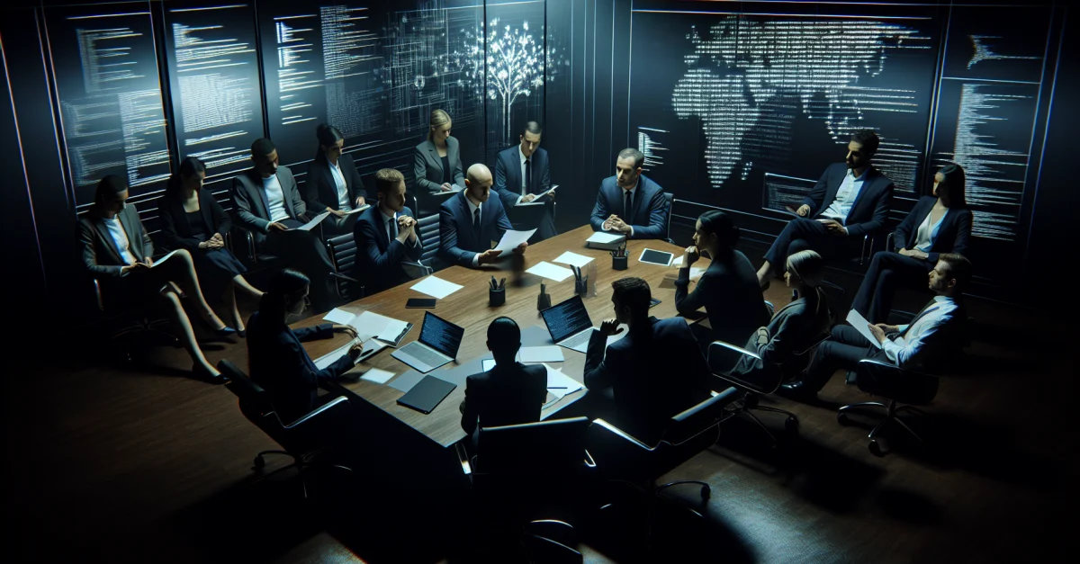 Technikexperten diskutieren in einem düsteren Büro über die Urheberrechtsforderungen von Anthropic nach einem Code-Leak. Die Szene zeigt die Spannungen zwischen Innovation und Rech