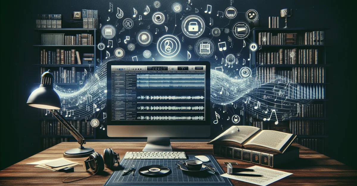 Bild zeigt Herausforderungen der Musiklizenzierung bei Suno mit digitalem Arbeitsplatz und rechtlichen Elementen. Fokussiert auf Urheberrechte und KI-Musik.