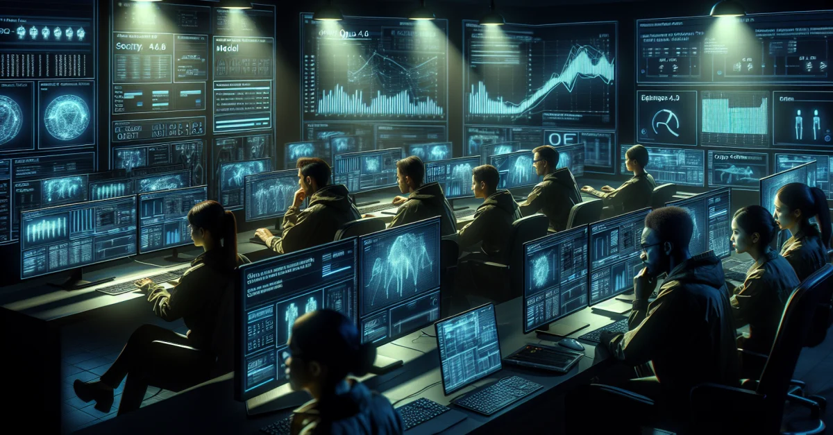 Cybersecurity-Experten analysieren Daten zu KI-gestützten Cyberangriffen in einem Kontrollraum. Die Entwicklung der Angriffsstrategien wird visuell dargestellt.