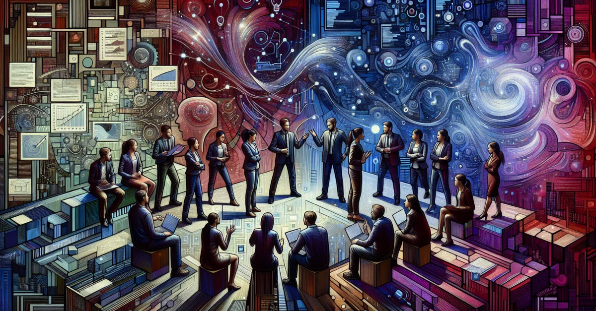 A diverse group of individuals passionately discussing AI evaluations, surrounded by abstract representations of algorithms and data. The image highlights the complexity of human j