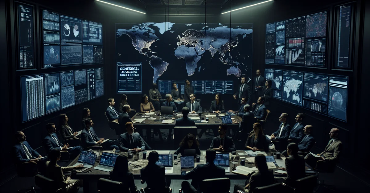 Analysten diskutieren geopolitische Spannungen und die Bedrohung durch den Iran für OpenAI in Abu Dhabi. Dunkle Farben betonen die Ernsthaftigkeit der Lage.