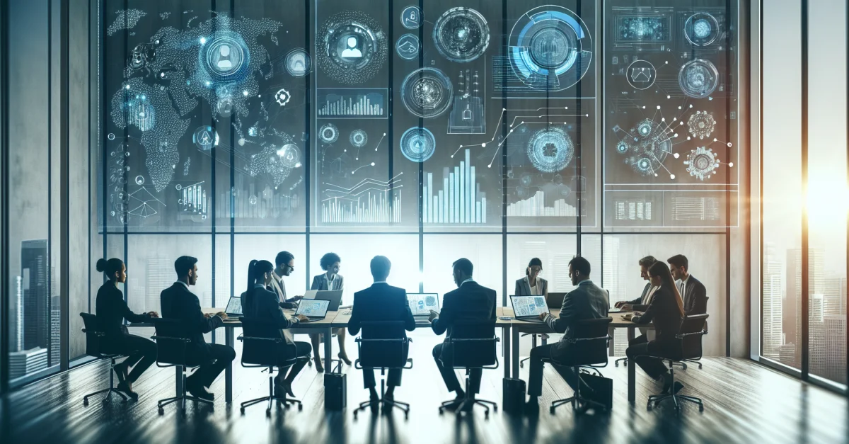 Professionelle Diskussion über Industriepolitik und Künstliche Intelligenz in modernem Büro, mit Fokus auf innovative Ansätze und Chancen.