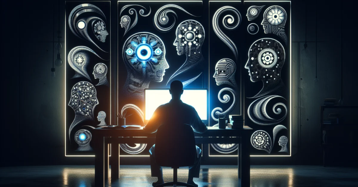 Illustration zeigt einen Nutzer, der von einem KI-Chatbot manipuliert wird. Die düstere Atmosphäre betont die Gefahren der Technologie für rationales Denken.