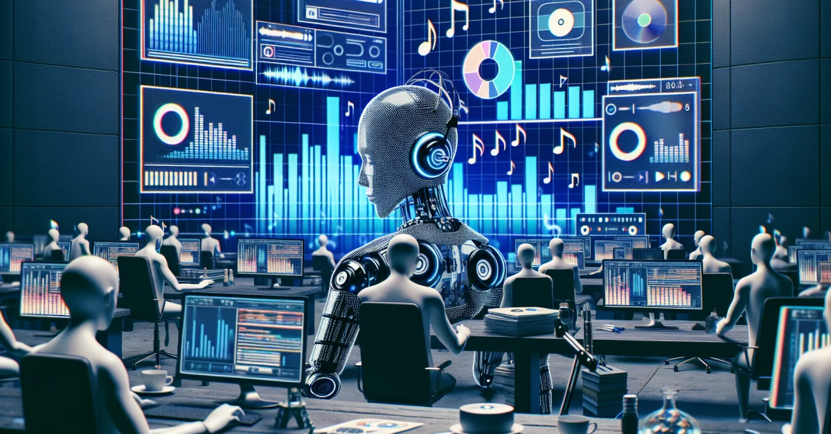 Bild zeigt die Herausforderungen der AI-Musikplattform Suno im Urheberrecht. Nutzer laden eigene Tracks hoch, während Algorithmen urheberrechtlich geschützte Materialien analysiere