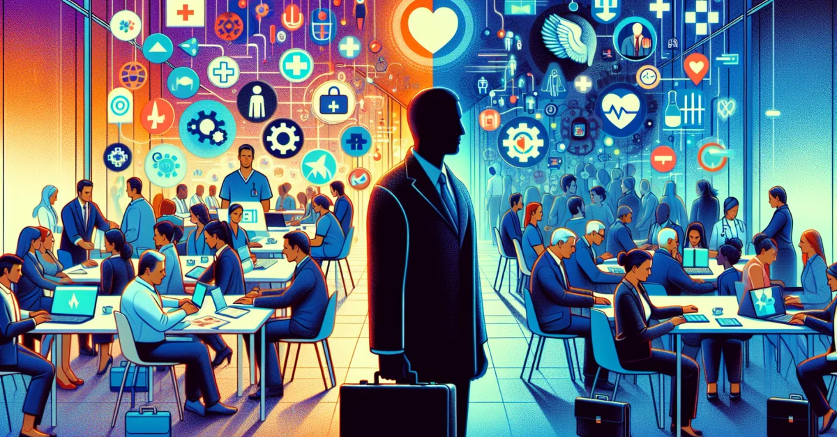 Ein Bild, das den Erfolg und die Herausforderungen des Telehealth-Startups Medvi zeigt, mit einem Büro und ethischen Bedenken im Hintergrund.