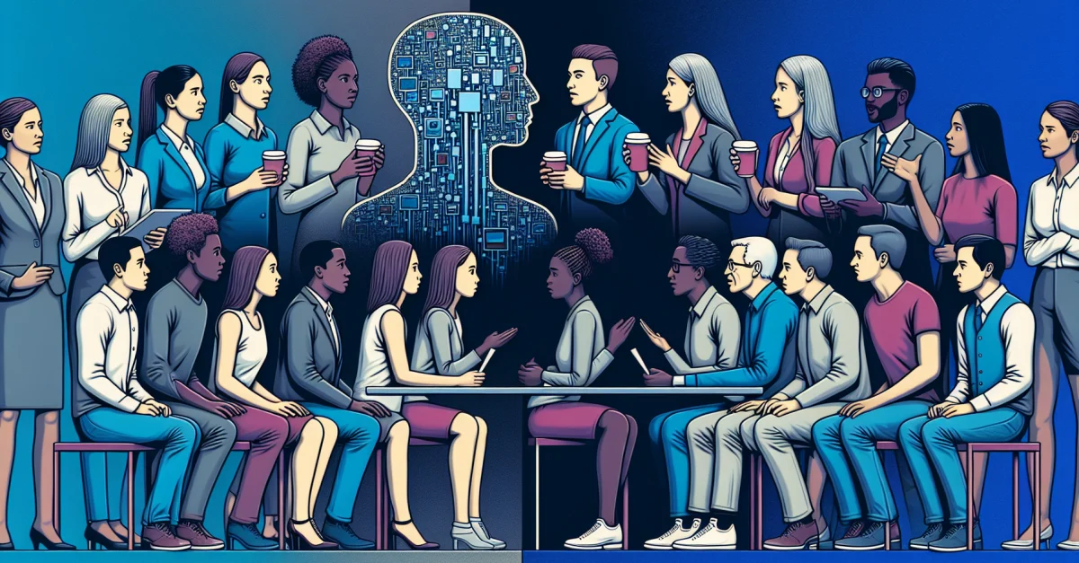 Image depicts young professionals discussing AI and others expressing concerns. It symbolizes the growing acceptance and mistrust towards AI in the USA.
