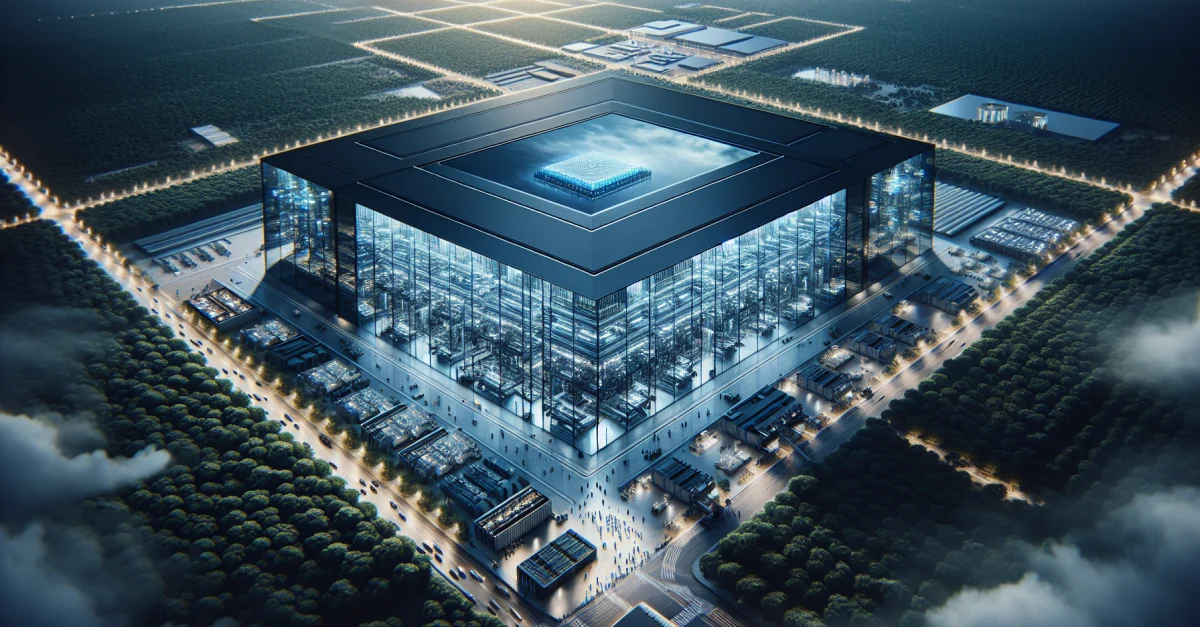 Futuristische Chip-Fabrik in Austin, Texas, die die Zusammenarbeit von Intel und Elon Musk symbolisiert. Modernes Design und innovative Technologie im Fokus.