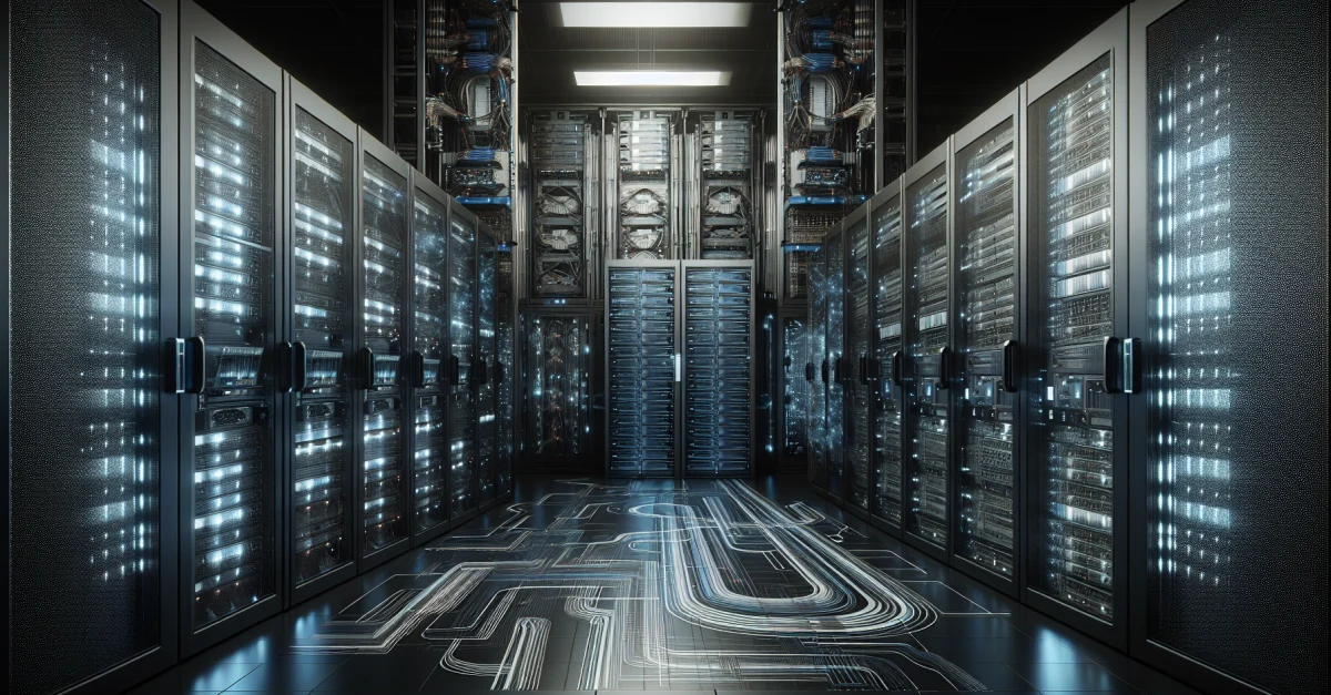 Modernes Rechenzentrum mit fortschrittlicher Technologie und effizientem Design, das die Bedeutung von Effizienz und Leistung in der digitalen Landschaft zeigt.