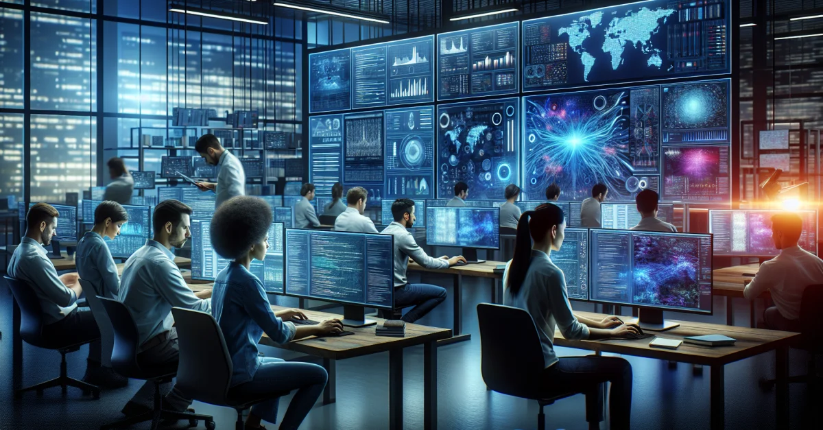 Modern workspace with professionals using AMD GPUs for AI and scientific computing. Focus on ROCm as a cost-effective solution.