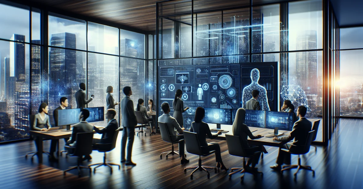 Technologie-Profis in einem modernen Büro brainstormen über KI-Innovationen, inspiriert von Jeff Bezos' Project Prometheus und Kyle Kosics Expertise.