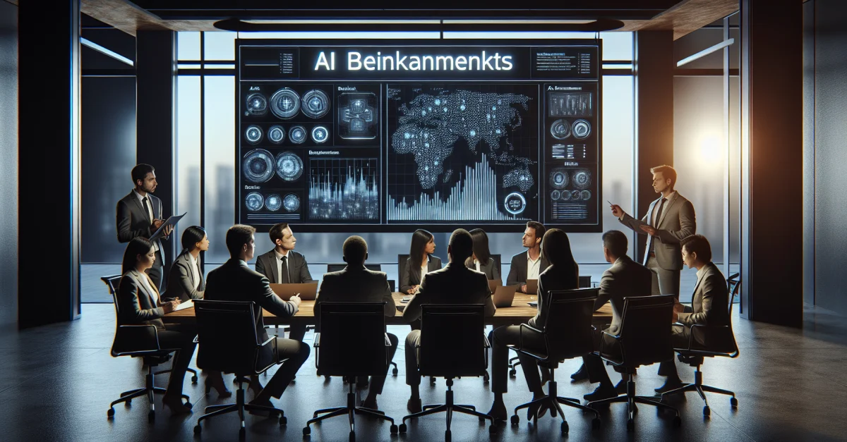 Eine Gruppe von Fachleuten diskutiert über KI-Benchmarks in einem modernen Büro. Der Fokus liegt auf der Bedeutung objektiver Bewertungsmethoden für KI-Technologien.