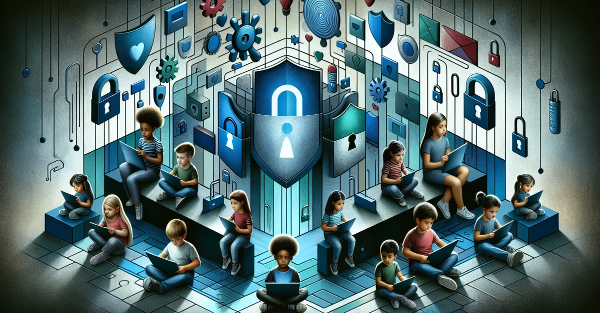 Bild zeigt Kinder, die sicher mit Technologie umgehen. Symbolisiert die Notwendigkeit von Kindersicherheit im digitalen Raum und verantwortungsbewusster KI-Entwicklung.