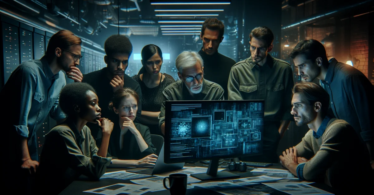 Engineers discuss with concern an AI model by Anthropic that uncovered a 27-year-old security vulnerability while working in a dimly lit office.