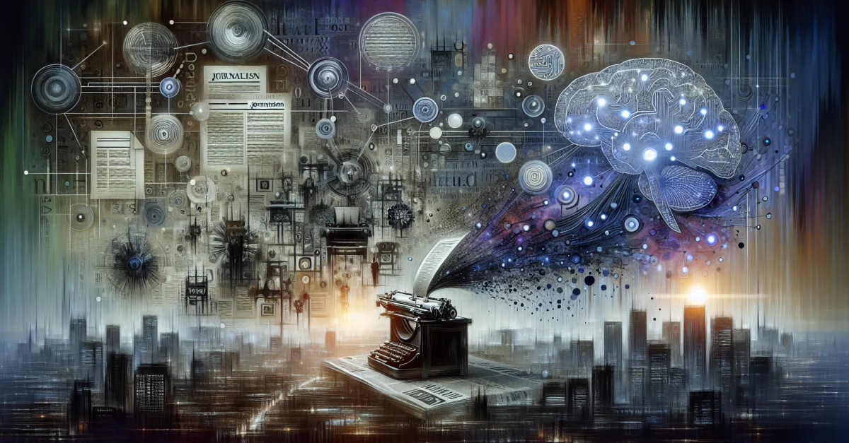 Visualisierung der Schnittstelle zwischen Journalismus und KI mit Symbolen für Datenfluss und Informationsverarbeitung. Thematisiert die Rolle von Journalisten in der KI.