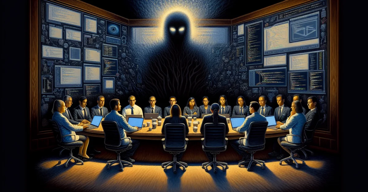 Eine besorgte Gruppe von Technikexperten diskutiert in einem dunklen Raum über die Gefahren neuer KI-Modelle und die Verantwortung der Branche.
