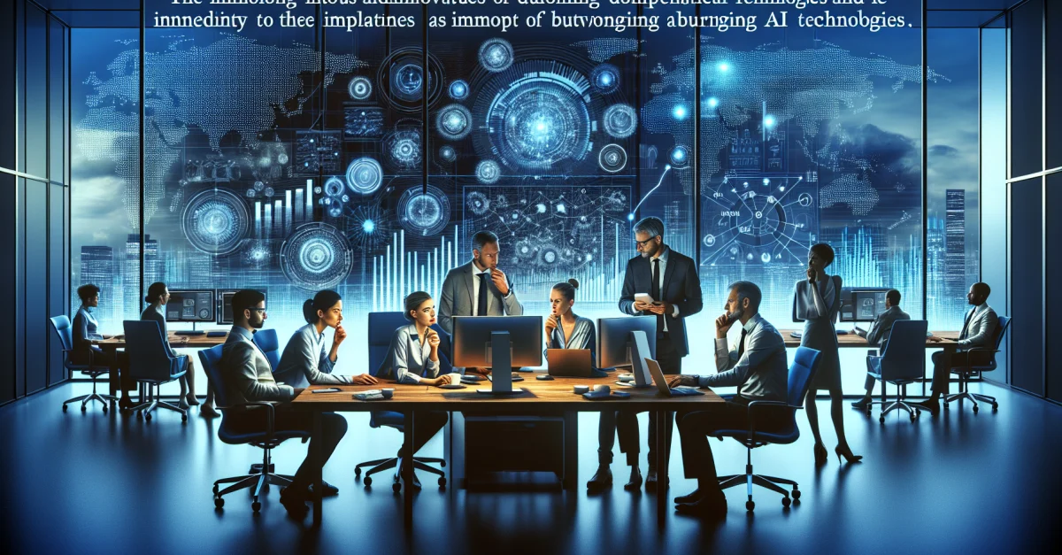Diverse Fachleute in einem modernen Büro diskutieren über KI-Entwicklungen und deren Auswirkungen auf Unternehmen. Die Szene betont die Notwendigkeit zur Anpassung.