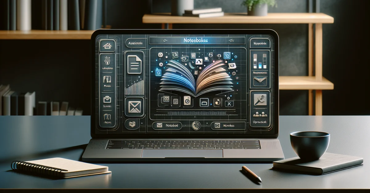 Moderne Arbeitsumgebung mit Laptop, der die Notebooks-Funktion der Google Gemini-App zeigt. Fokus auf Produktivität und Wissensmanagement.