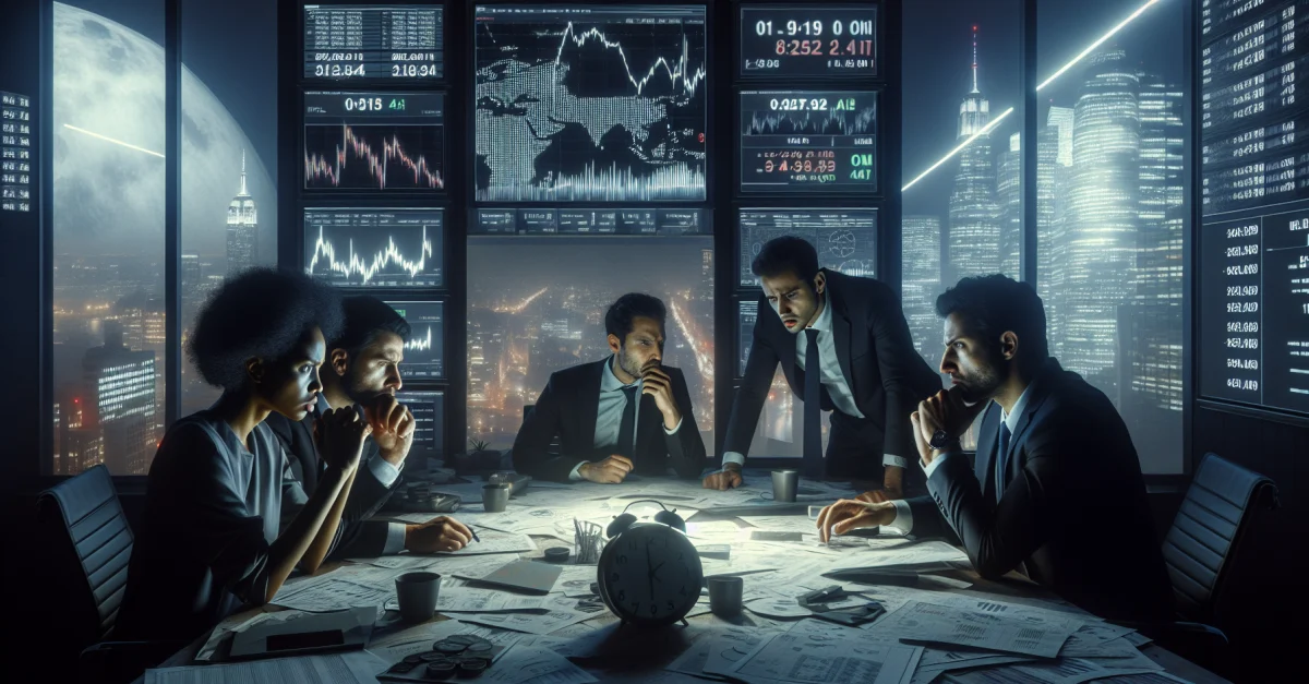 Technik-Executives diskutieren in einem düsteren Büro über Strategien für das Überleben in der KI-Branche. Hoher Druck und Dringlichkeit sind spürbar.