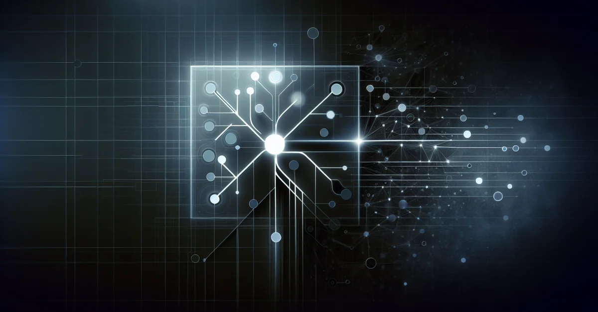 Abstrakte Darstellung der Evolution des KI-Trainings mit einem vereinfachten neuronalen Netzwerk, das Effizienz und Innovation symbolisiert.