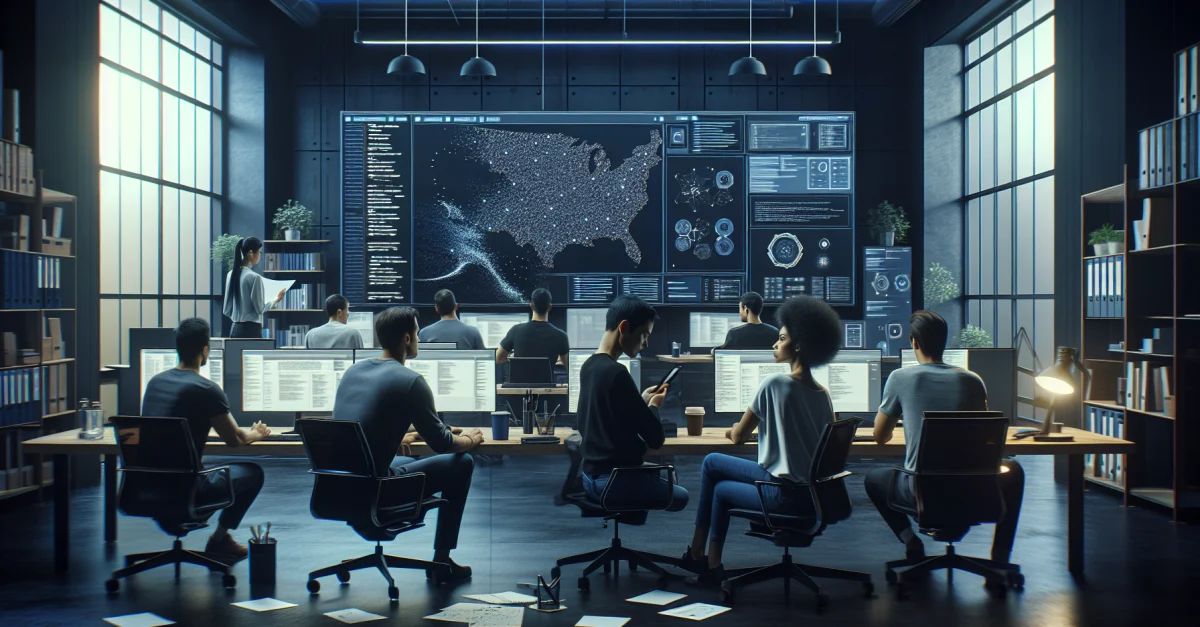 Software developers discuss the new GLM-5.1 model from Zhipu AI in a modern office. The integration of AI into workflows is being addressed.