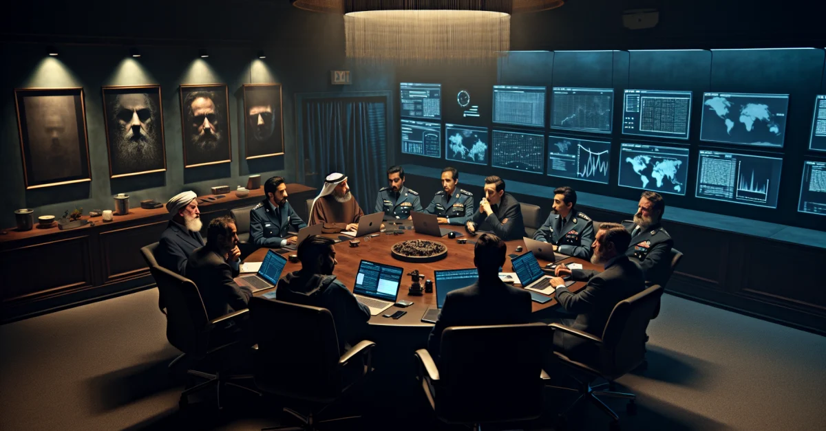 Sicherheitsexperten diskutieren in einem Konferenzraum über die Risiken des Claude Mythos Preview KI-Modells. Der Raum ist düster und ernst.