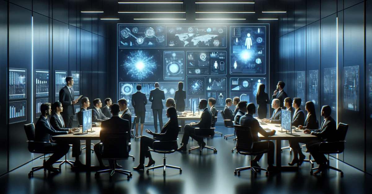 Professionelle diskutieren in einem modernen Büro über fortschrittliche KI-Technologien für Cybersicherheit. Die Szene zeigt Innovation und Zusammenarbeit.