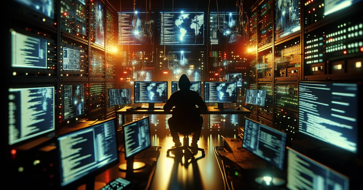 Ein Hacker sitzt in einem dunklen Raum vor einem Computer, umgeben von Bildschirmen, die komplexe Datenströme zeigen, nach einem Cyberangriff auf einen chinesischen Supercomputer.