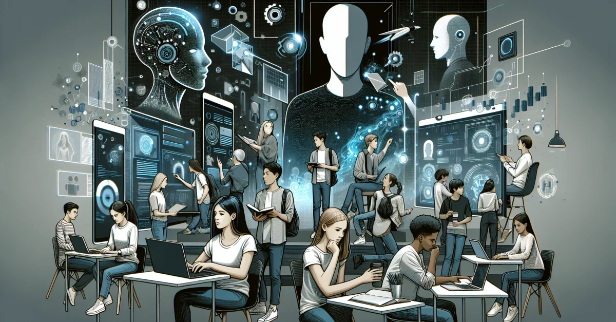 Junge Menschen der Generation Z interagieren mit KI in Schule und Beruf, zeigen sowohl Begeisterung als auch Skepsis. Eine visuelle Darstellung ihrer komplexen Beziehung zur Techno