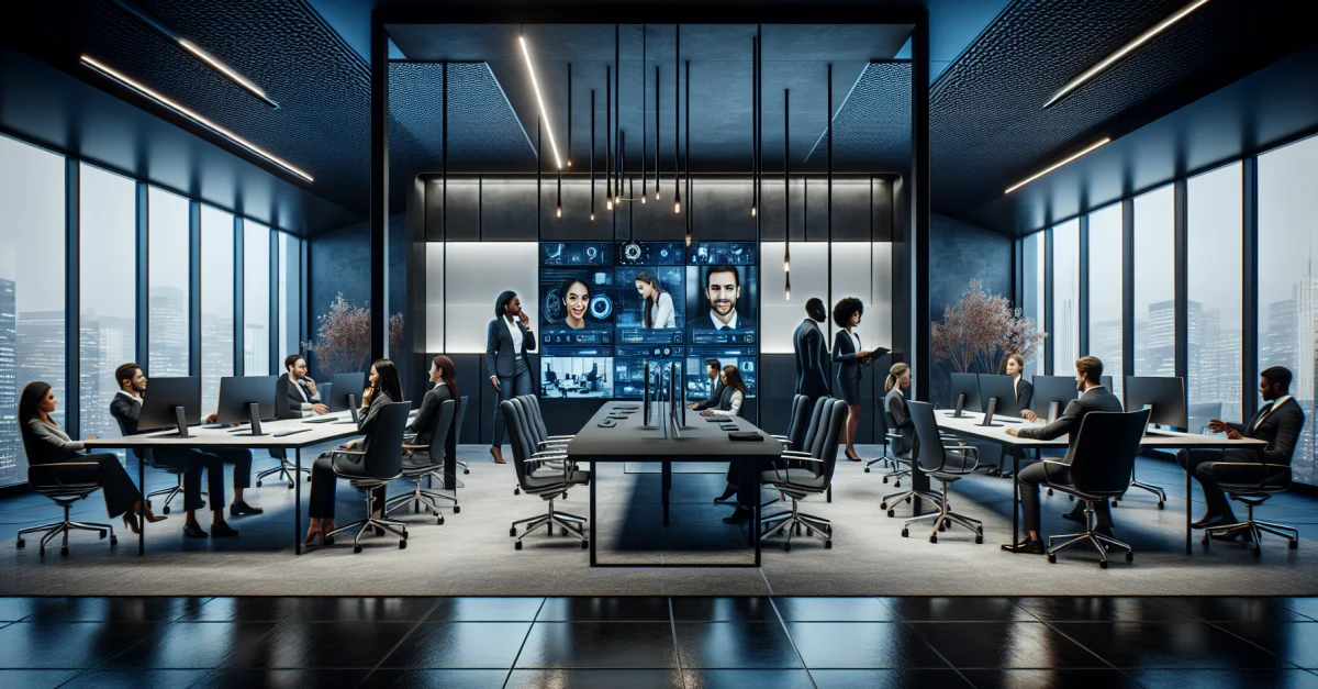 Modern office with professionals engaged in teamwork. The environment showcases technological integration, promoting efficiency and collaboration.