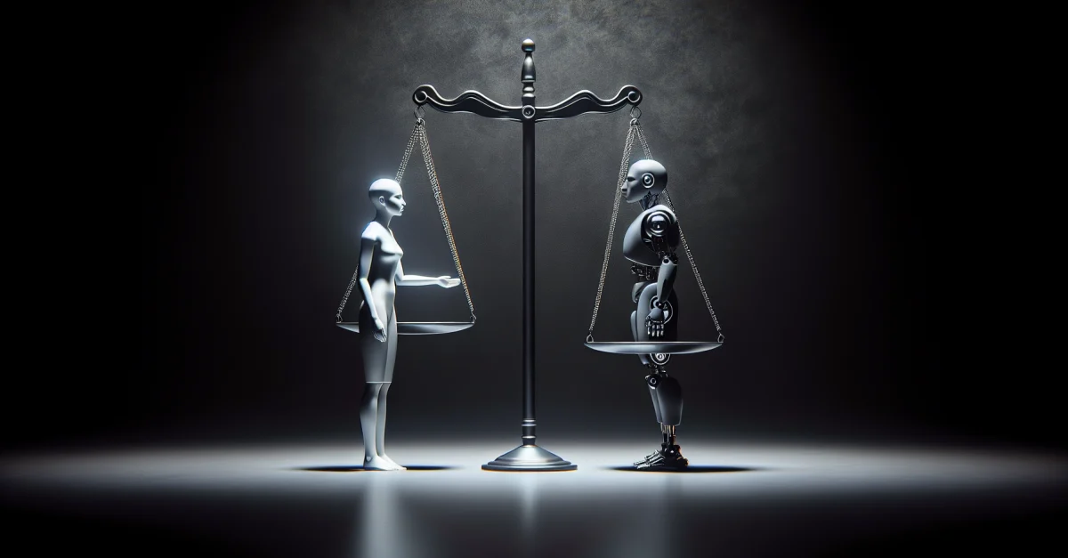 A symbolic depiction of a scale balancing a robot and a human figure, illustrating the debate over AI accountability and the implications of liability.