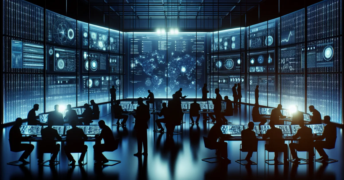 CIA analysts discuss AI-driven intelligence reports in a high-tech operations room. A pivotal moment in the world of intelligence.
