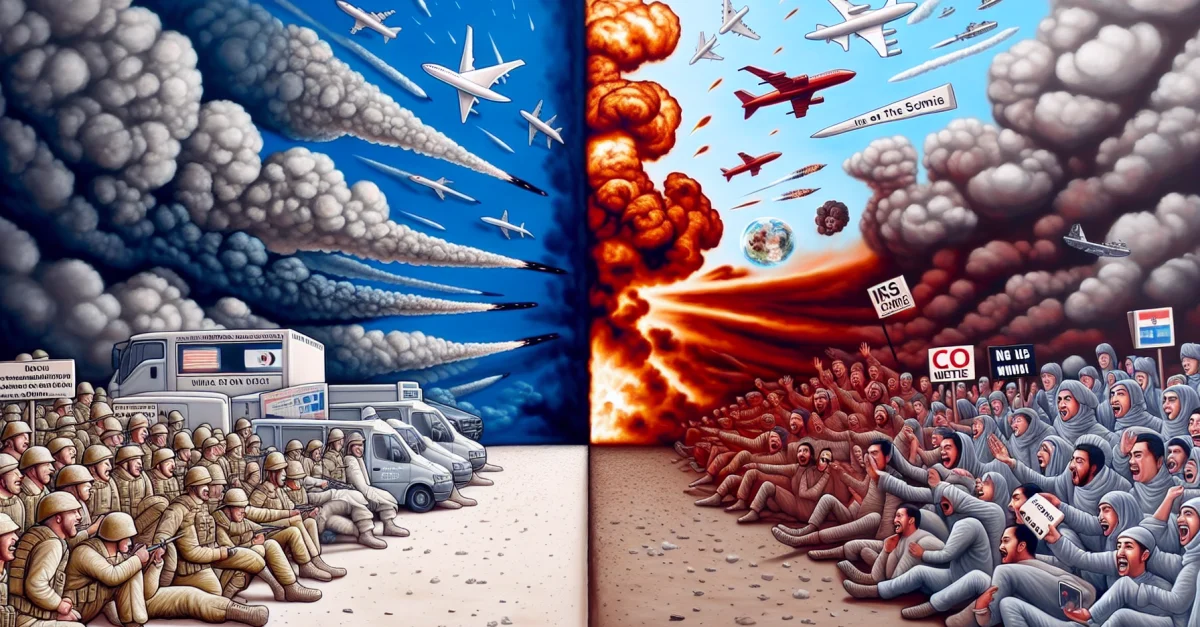 Vergleich der Kommunikationsstrategien iranischer Staatsmedien und US-Medien im Konflikt, mit explosiven Bildern und humorvollen Inhalten.