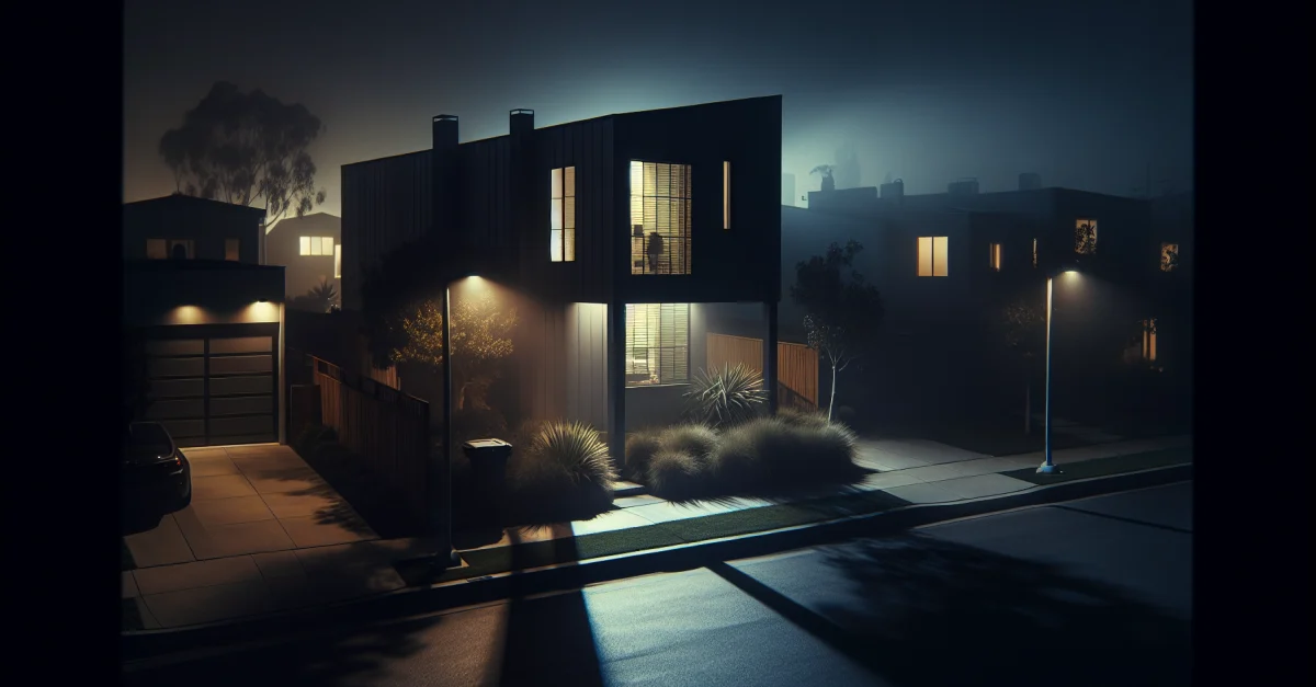 A modern home in a dark, quiet neighborhood, reflecting the tense atmosphere following the Molotov cocktail incident at the OpenAI CEO's residence.