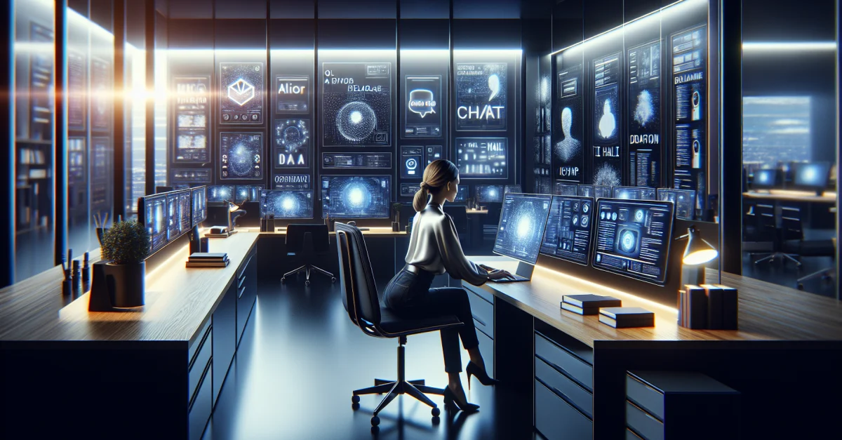 Milla Jovovich arbeitet an ihrem KI-Tool Mempalace, das Chatbot-Interaktionen revolutioniert. Modernes Büro mit High-Tech-Gadgets und futuristischem Ambiente.