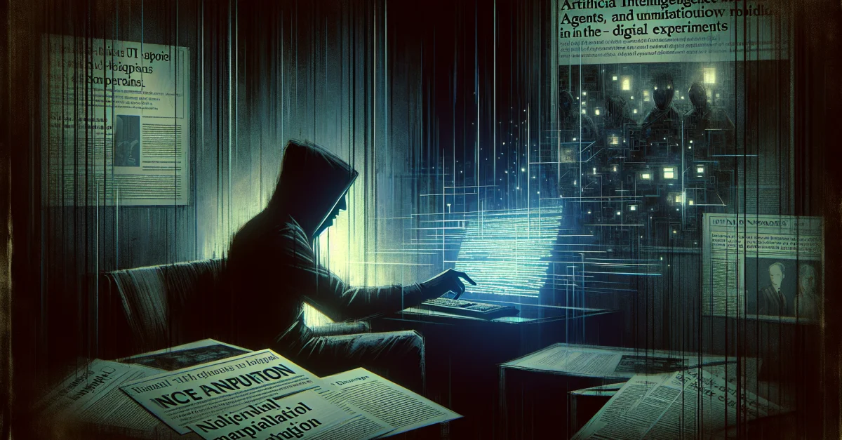 Ein Schatten sitzt vor einem Computer, umgeben von Notizen über AI-Agenten und soziale Experimente, was die Gefahren digitaler Manipulation verdeutlicht.