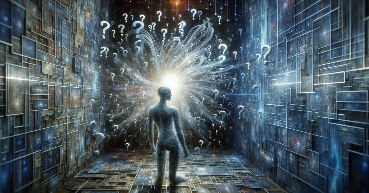 Frustriertes KI-Modell, das vor einer Wand mit Algorithmen steht, symbolisiert das Versagen der KI bei der Informationssuche. Aufruf zur Verbesserung der Technologie.