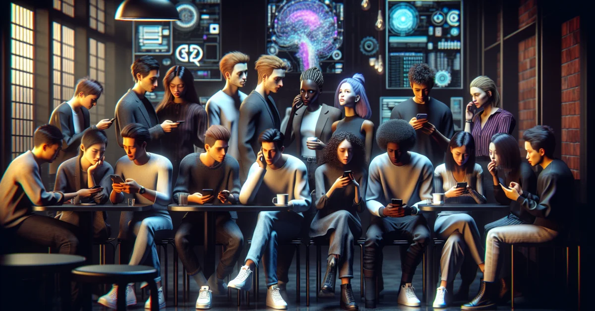 Eine Gruppe von Gen Z Individuen diskutiert skeptisch über KI-Technologie in einem modernen Café, umgeben von digitalen Elementen. Skepsis und Besorgnis sind sichtbar.